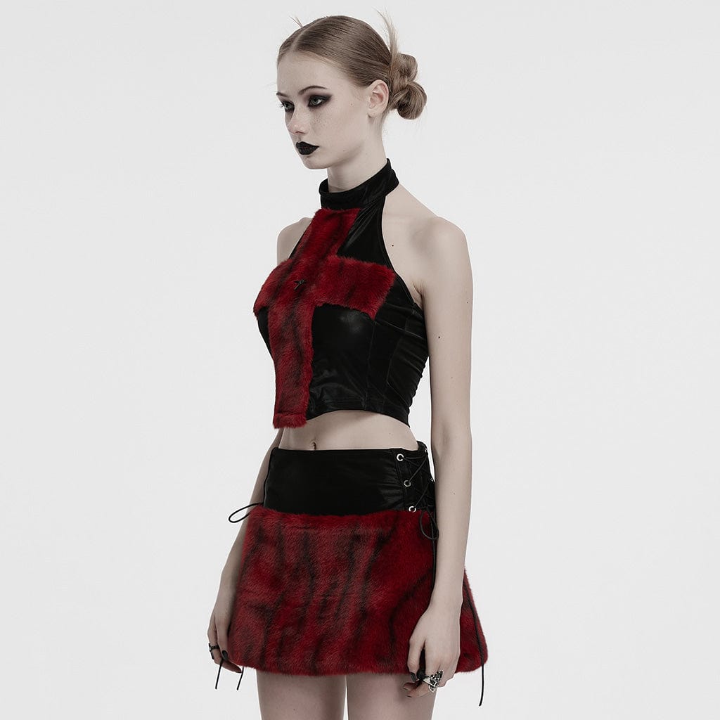 PUNK RAVE Women's Punk Cross Faux Fur Splice Faux Leather Vest