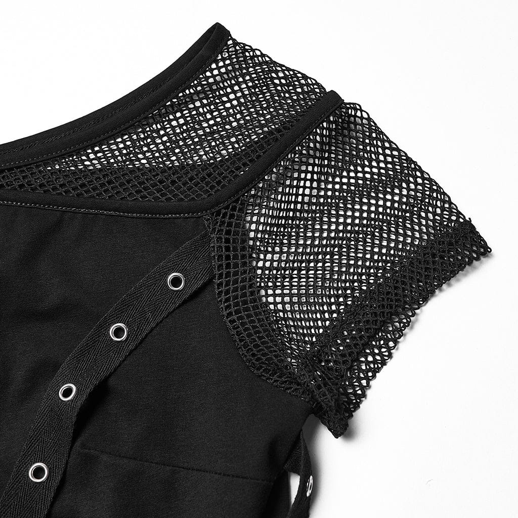 PUNK RAVE Women's Punk Cross Lip Printed Eyelet Straps Short Sleeved Dress