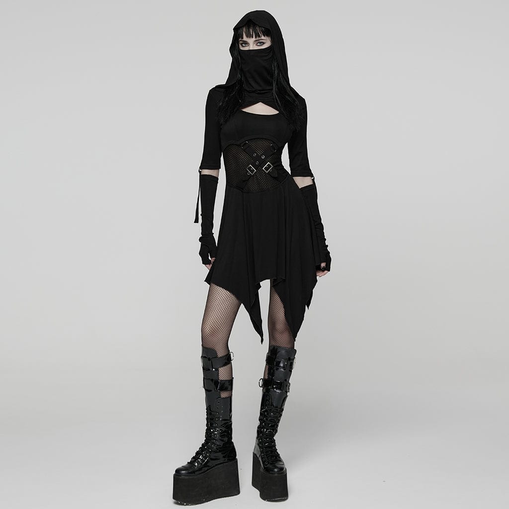 PUNK RAVE Women's Punk Cutout Buckle Strap Hooded Dress