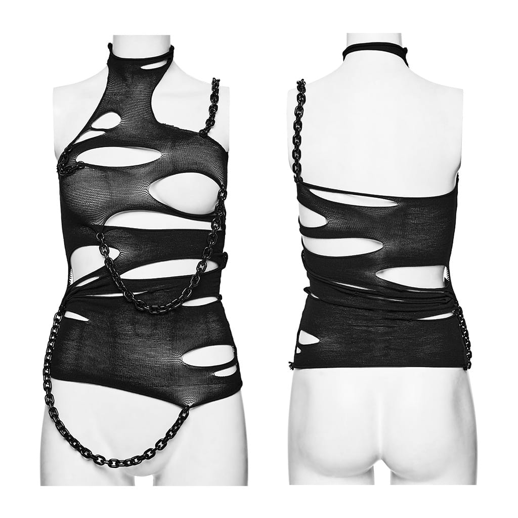PUNK RAVE Women's Punk Cutout Chain Halter Tank Top
