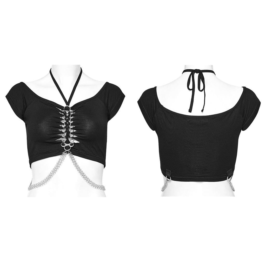 PUNK RAVE Women's Punk Cutout Ring Chain Short Sleeved Crop Top