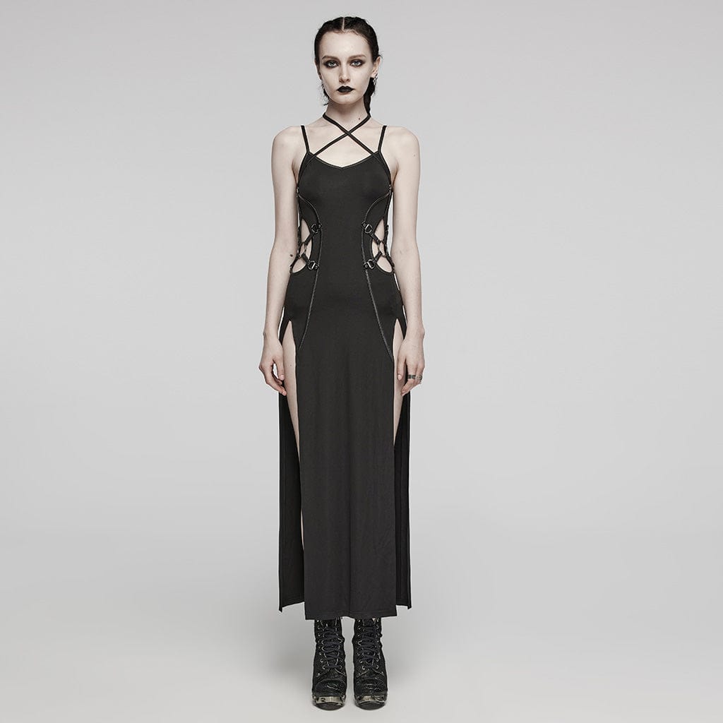 PUNK RAVE Women's Punk Cutout Side Slit Lace-Up Halter Slip Dress