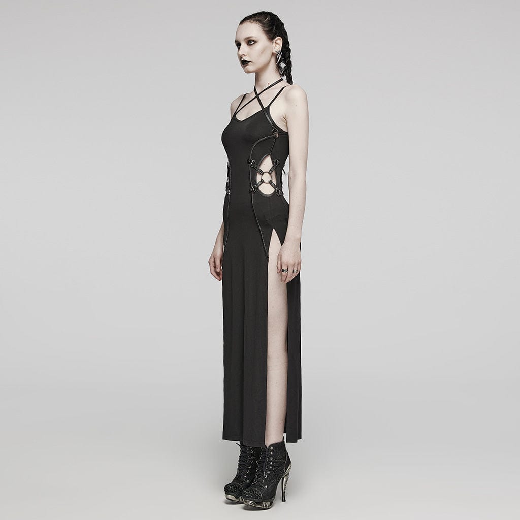 PUNK RAVE Women's Punk Cutout Side Slit Lace-Up Halter Slip Dress