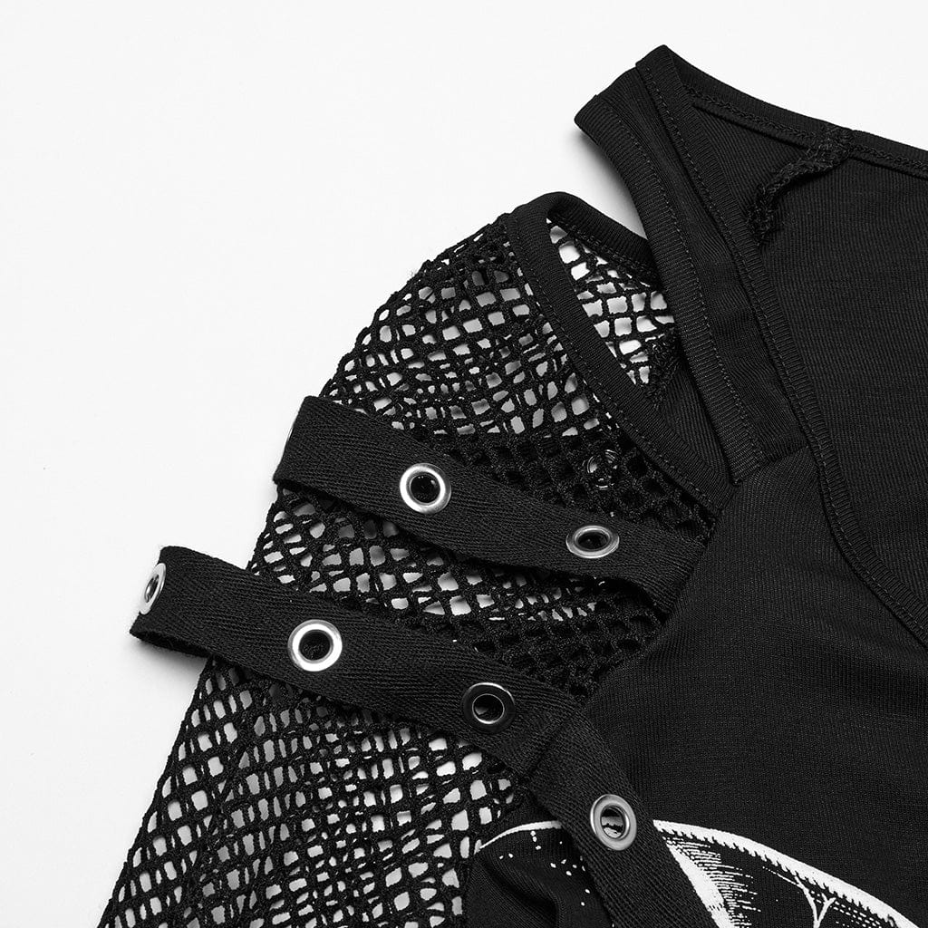 PUNK RAVE Women's Punk Cutout Skull Printed Mesh Splice Shirt