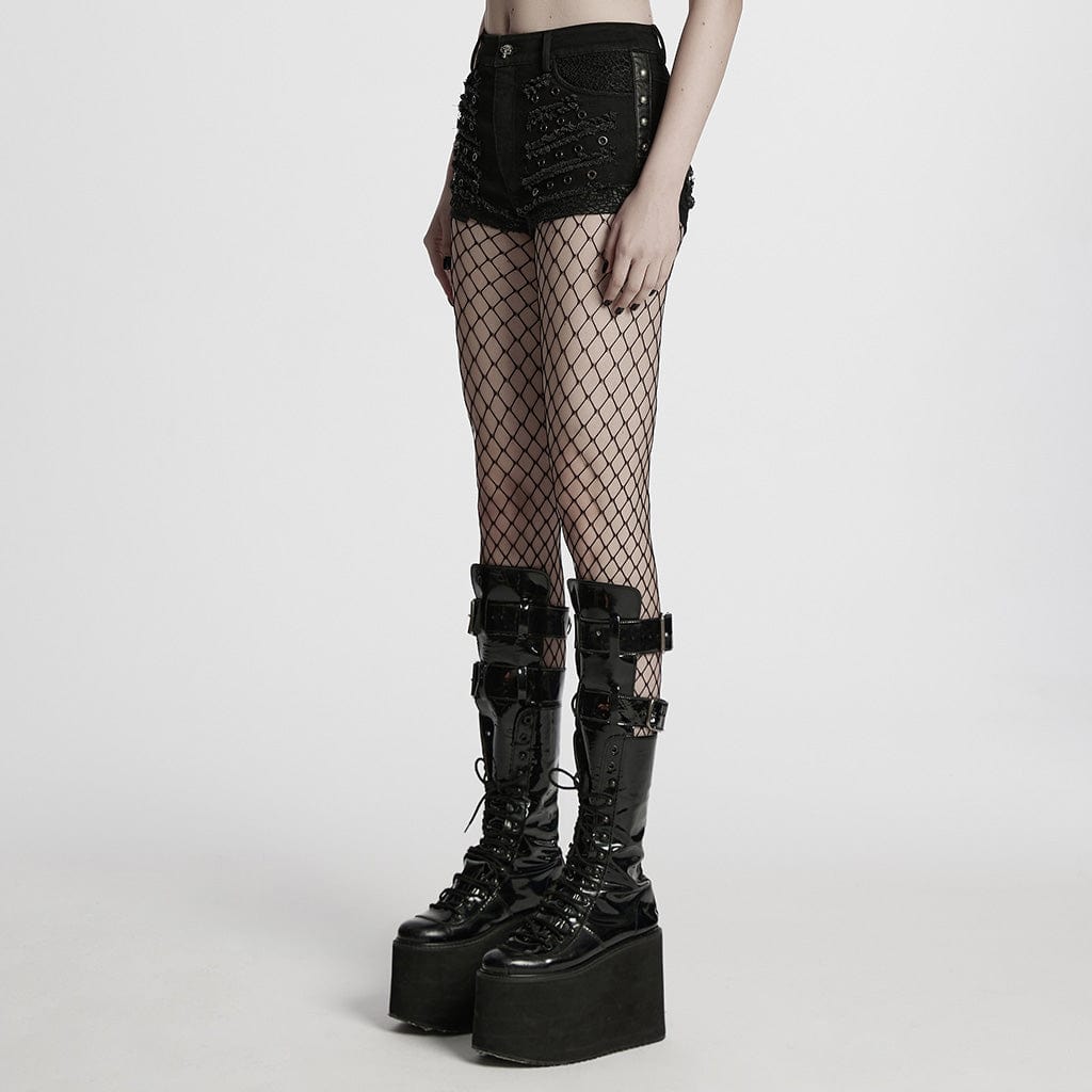 PUNK RAVE Women's Punk Distressed Mesh Splice Short