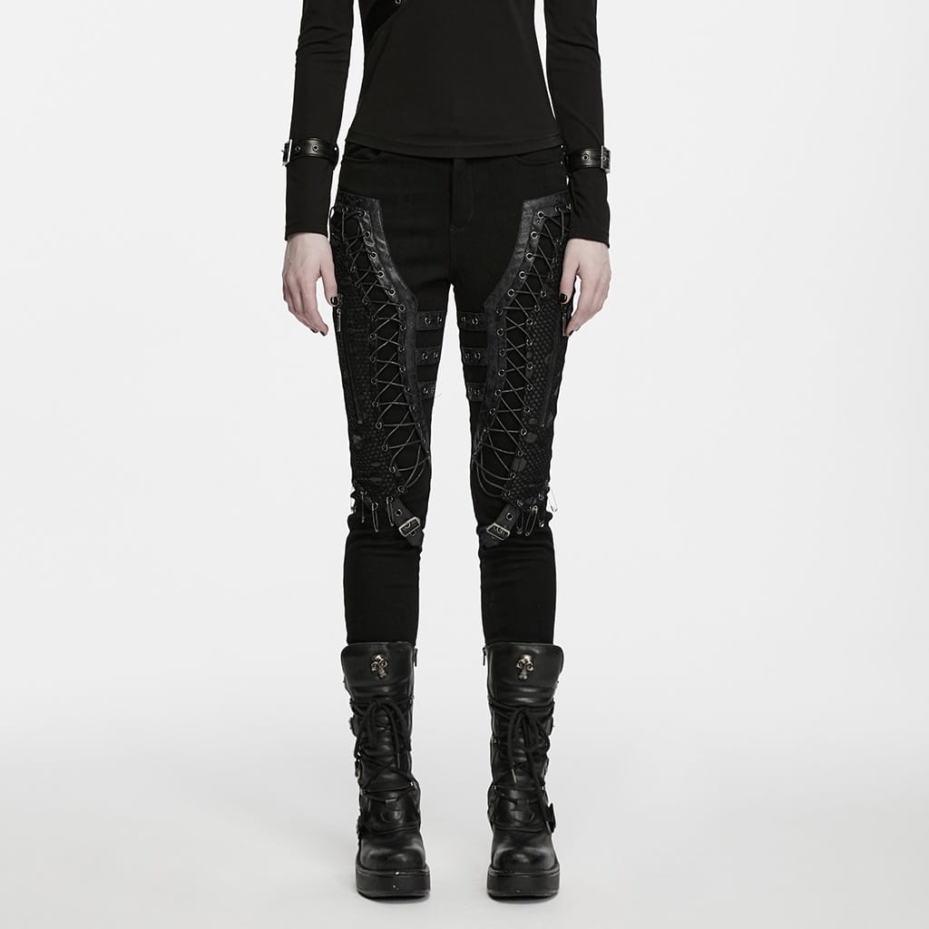 PUNK RAVE Women's Punk Eyelet Lace-up Pin Buckle Strap Skinny Pants