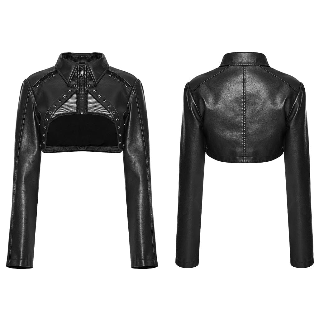 PUNK RAVE Women's Punk Eyelet Mesh Faux Leather Short Jacket