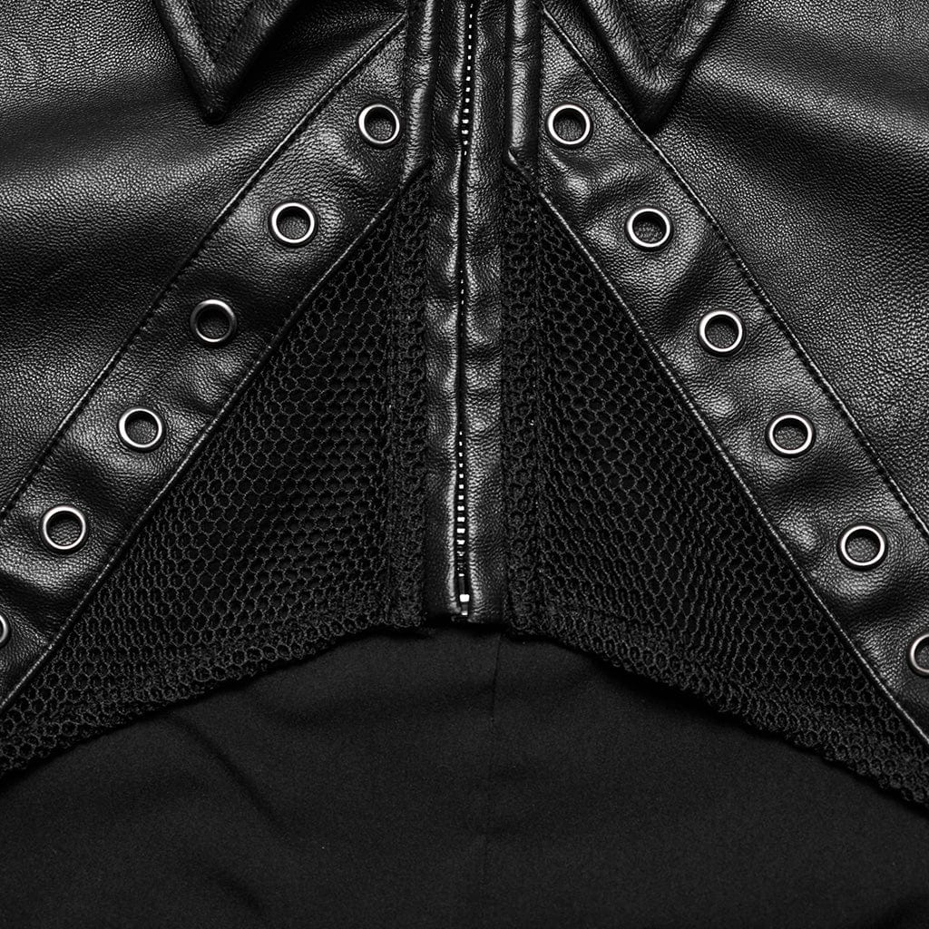 PUNK RAVE Women's Punk Eyelet Mesh Faux Leather Short Jacket