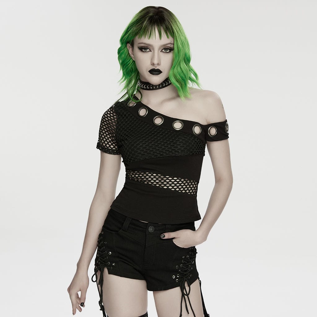 PUNK RAVE Women's Punk Eyelet Mesh Splice Slant Shoulder Shirt