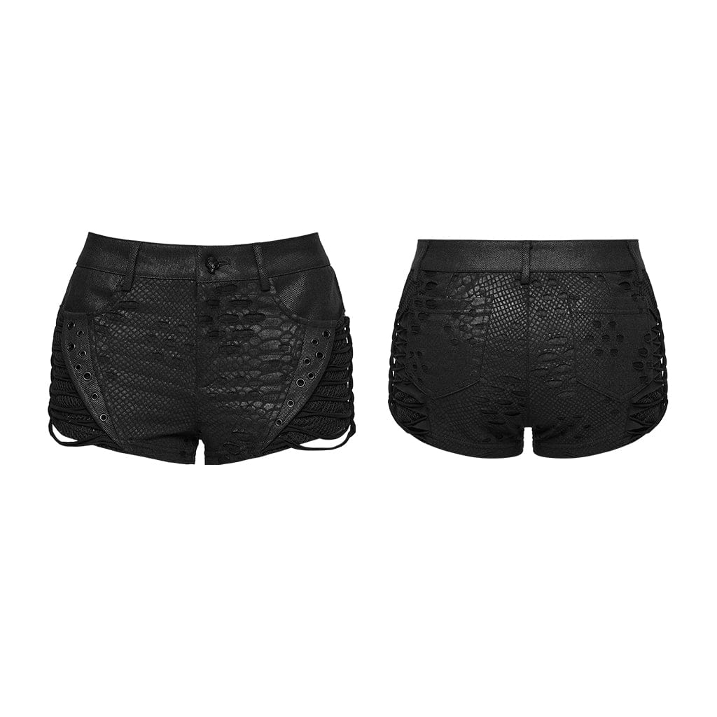 PUNK RAVE Women's Punk Eyelet Ripped Low Waist Shorts