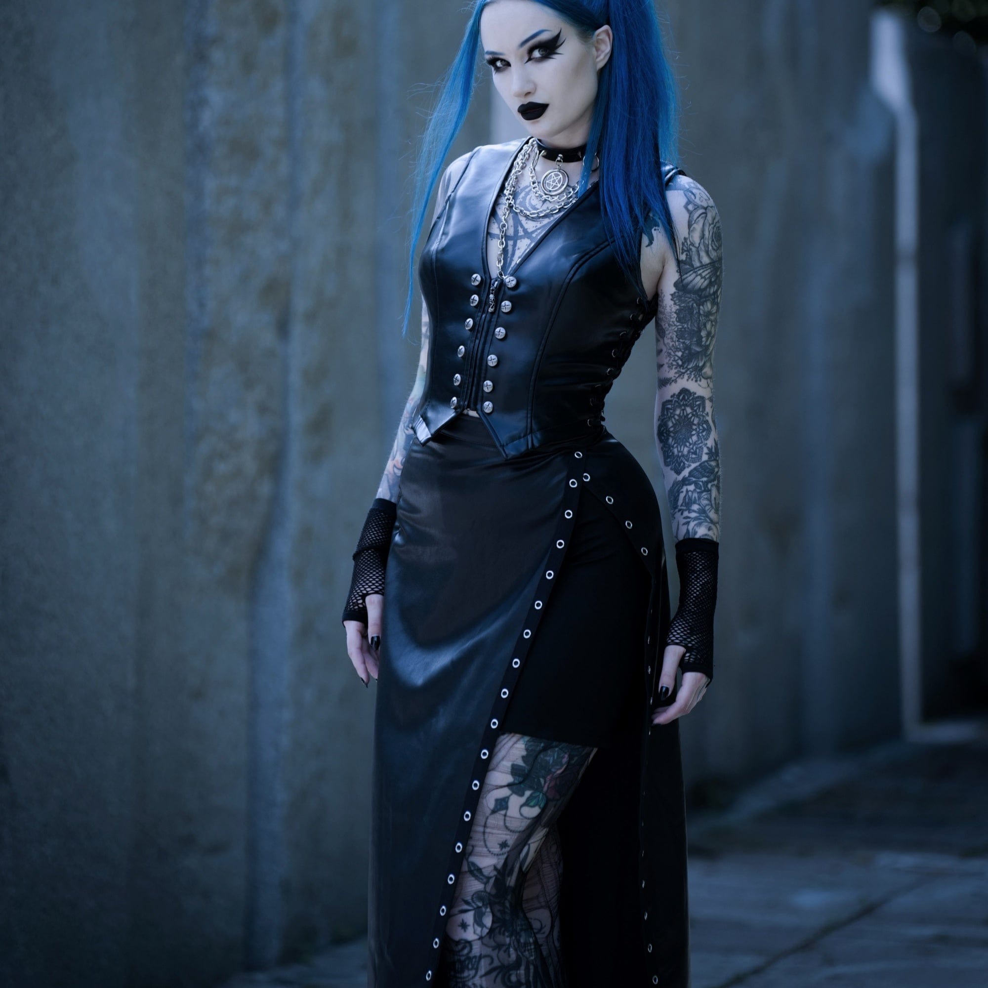 PUNK RAVE Women's Punk Eyelet Split Faux Leather Skirt