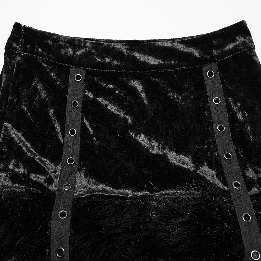 PUNK RAVE Women's Punk Eyelet Strap Faux Fur Splice Velvet Skirt with Leg Warmers