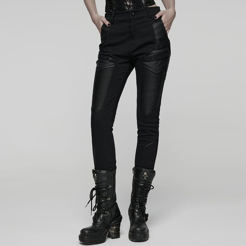 PUNK RAVE Women's Punk Eyelet Strap Faux Leather Splice Pants