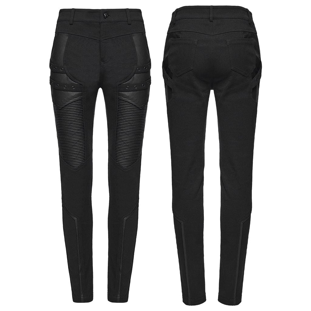 PUNK RAVE Women's Punk Eyelet Strap Faux Leather Splice Pants