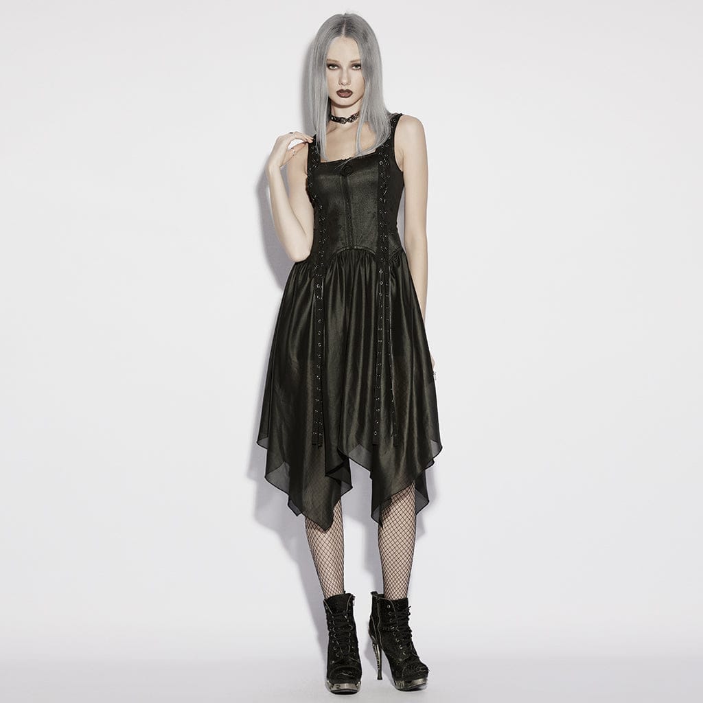 PUNK RAVE Women's Punk Eyelet Strap Zip Slip Dress Graduation Dress