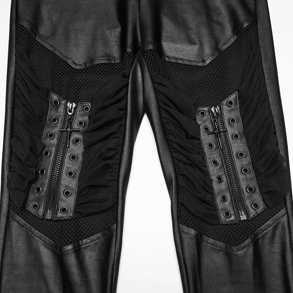 PUNK RAVE Women's Punk Eyelet&Zip Mesh Splice Leggings