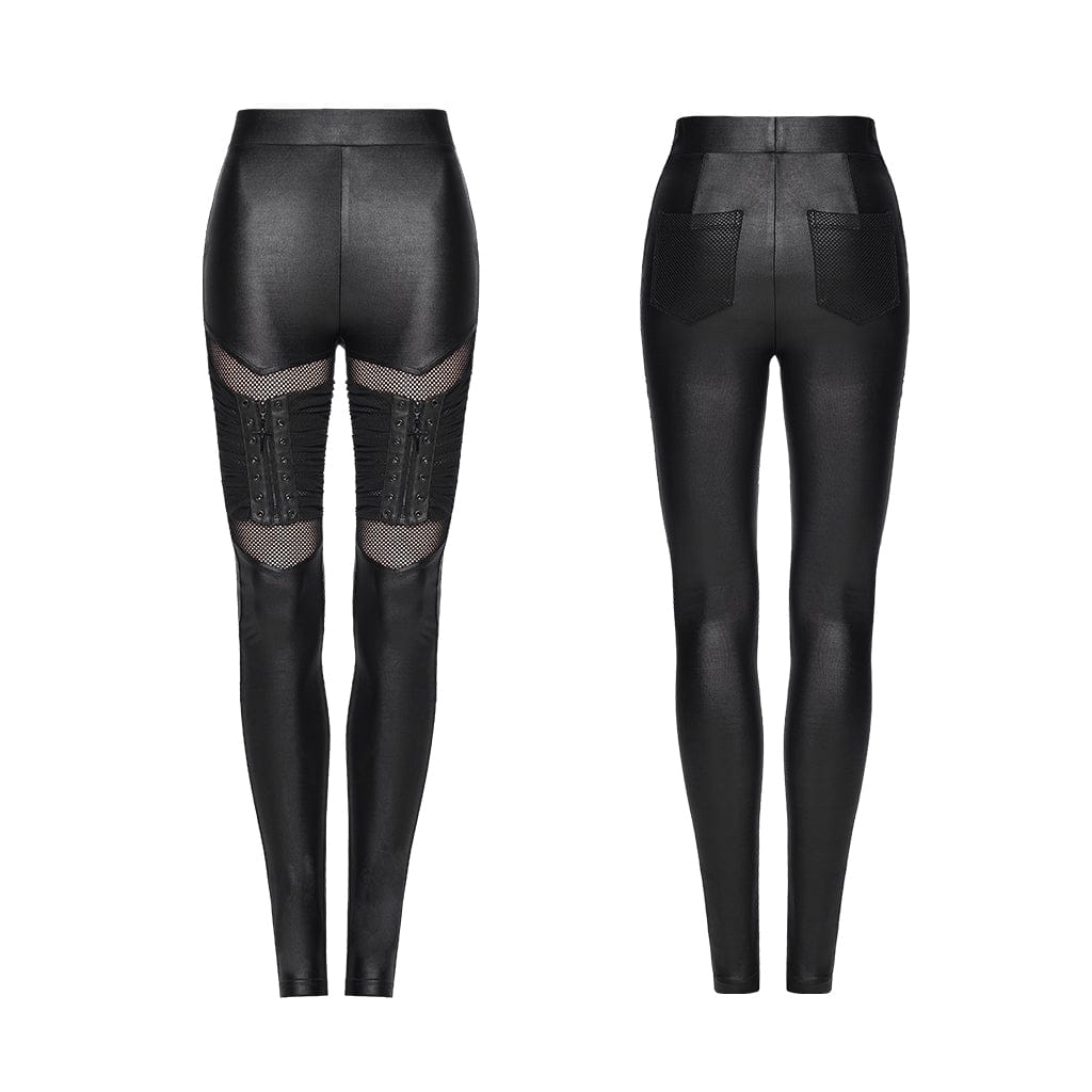 PUNK RAVE Women's Punk Eyelet&Zip Mesh Splice Leggings
