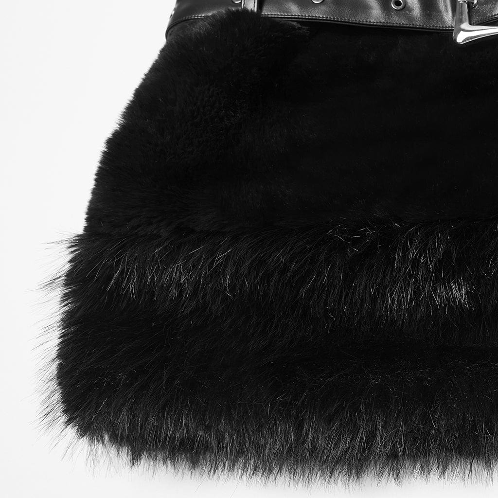 PUNK RAVE Women's Punk Faux Fur Skirt with Belt Black