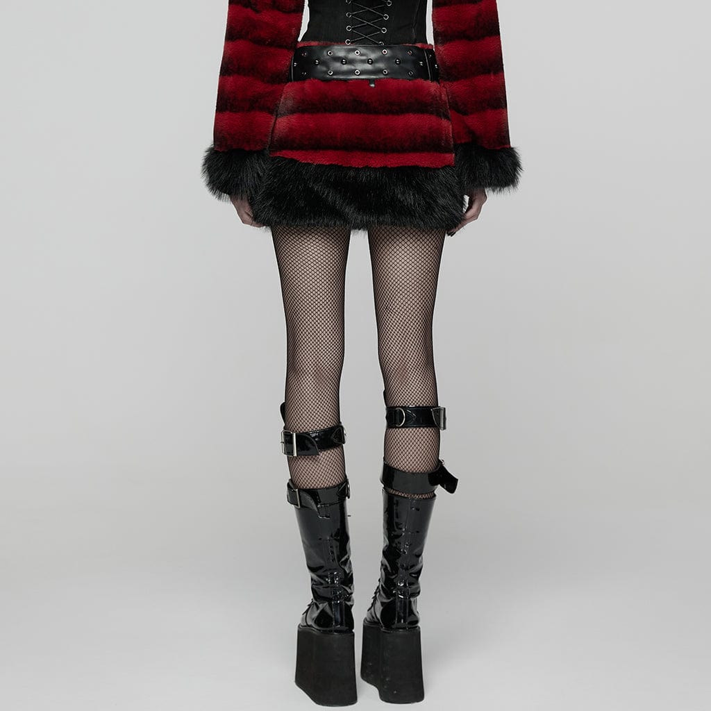 PUNK RAVE Women's Punk Faux Fur Skirt with Belt Red