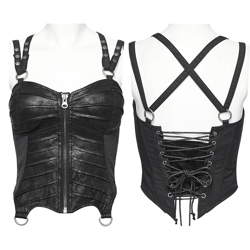PUNK RAVE Women's Punk Faux Leather Halterneck Front Zipper Overbust Corsets