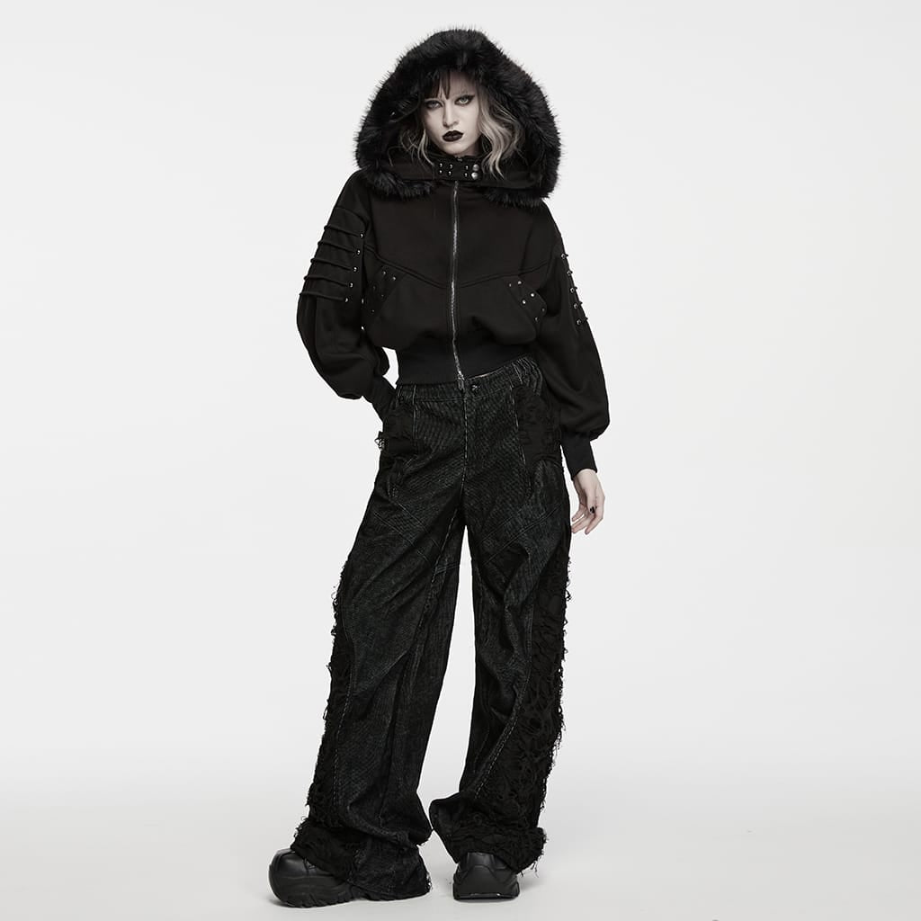 PUNK RAVE Women's Punk Hooded Detachable Faux Fur Trim Studded Jacket