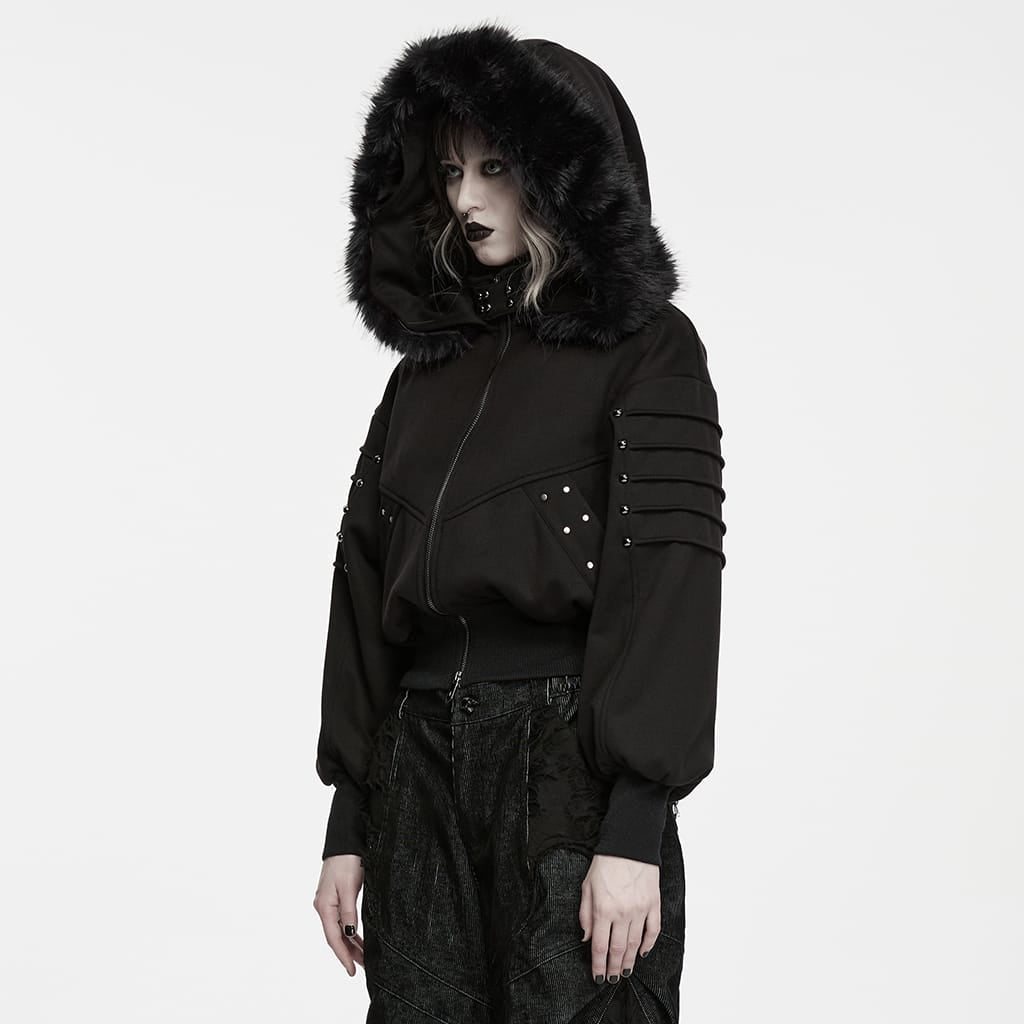 PUNK RAVE Women's Punk Hooded Detachable Faux Fur Trim Studded Jacket