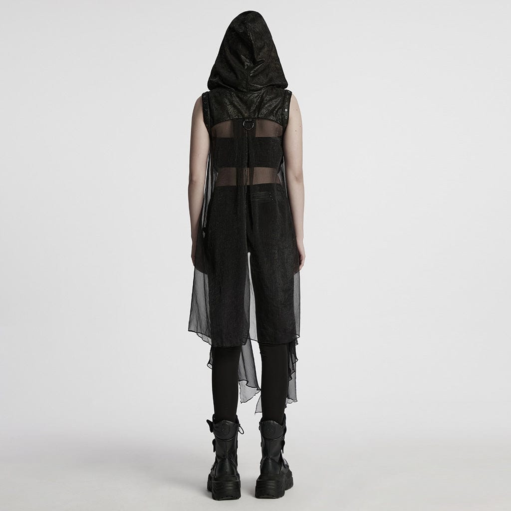 PUNK RAVE Women's Punk Hooded Mesh Harness Waistcoat
