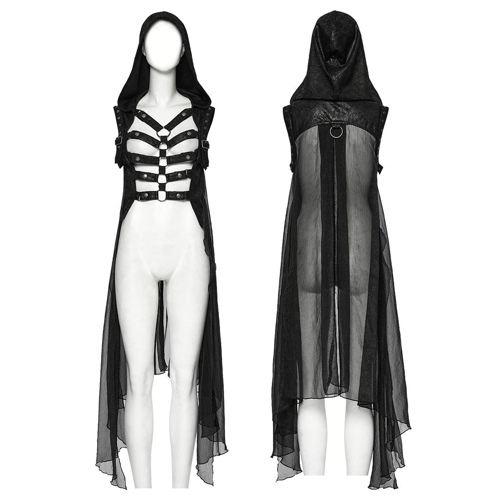 PUNK RAVE Women's Punk Hooded Mesh Harness Waistcoat