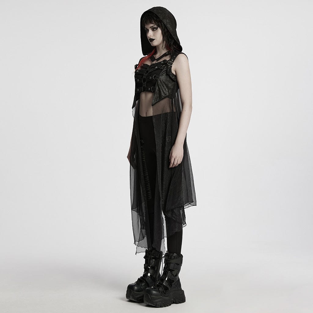 PUNK RAVE Women's Punk Hooded Mesh Harness Waistcoat