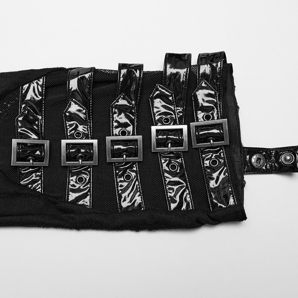 PUNK RAVE Women's Punk Irregular Mesh Splice Buckle Leg Warmer with Garter