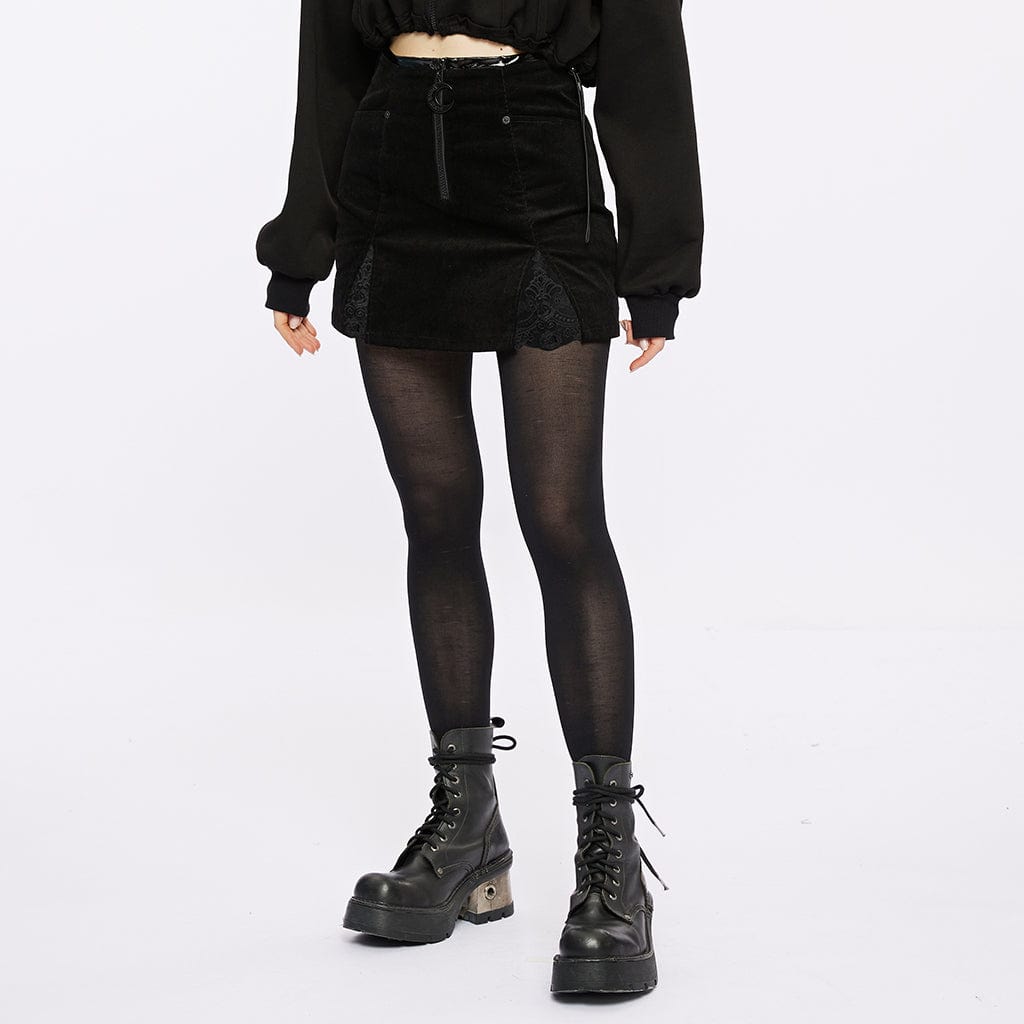 PUNK RAVE Women's Punk Lace Splice Split Corduroy Skirt