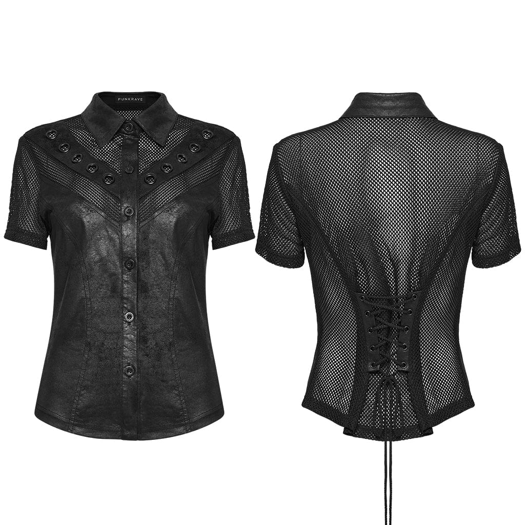 PUNK RAVE Women's Punk Lace-up Eyelet Mesh Short Sleeved Shirt