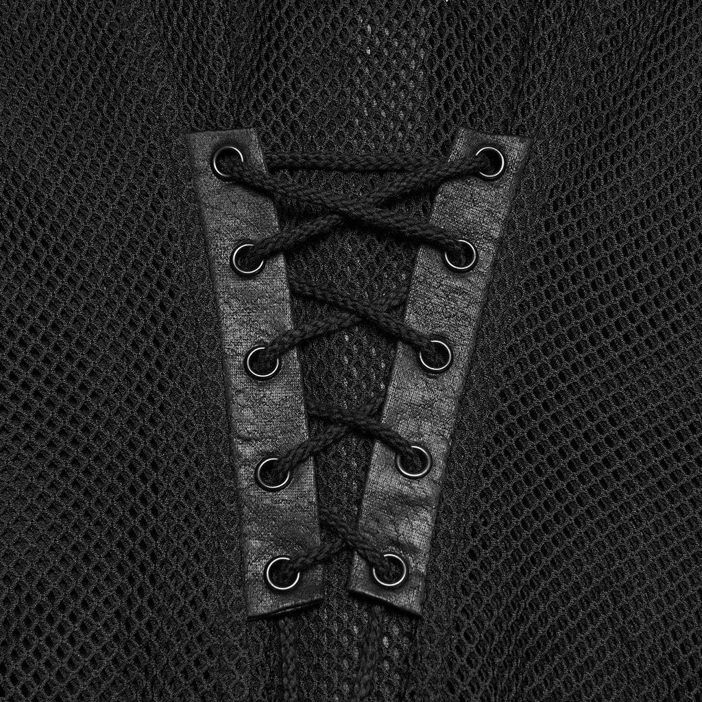 PUNK RAVE Women's Punk Lace-up Eyelet Mesh Short Sleeved Shirt