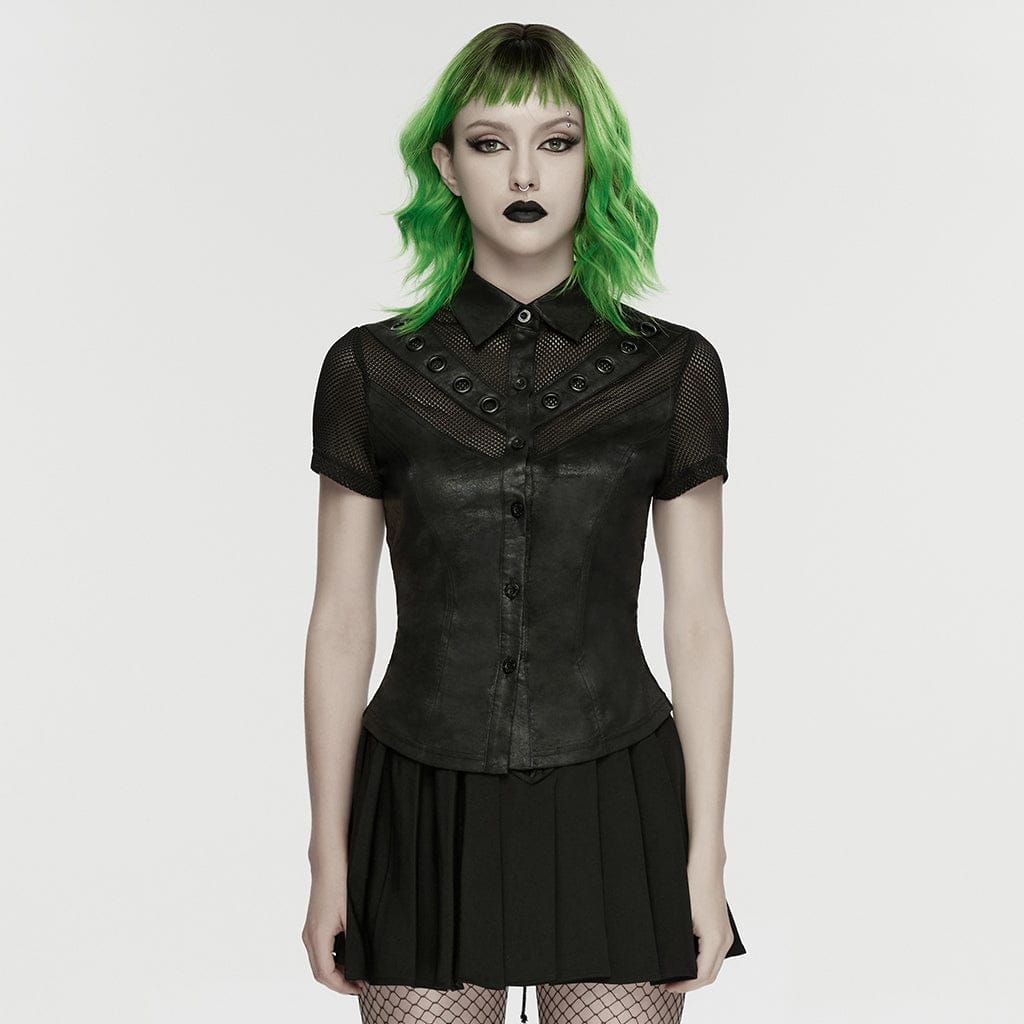 PUNK RAVE Women's Punk Lace-up Eyelet Mesh Short Sleeved Shirt