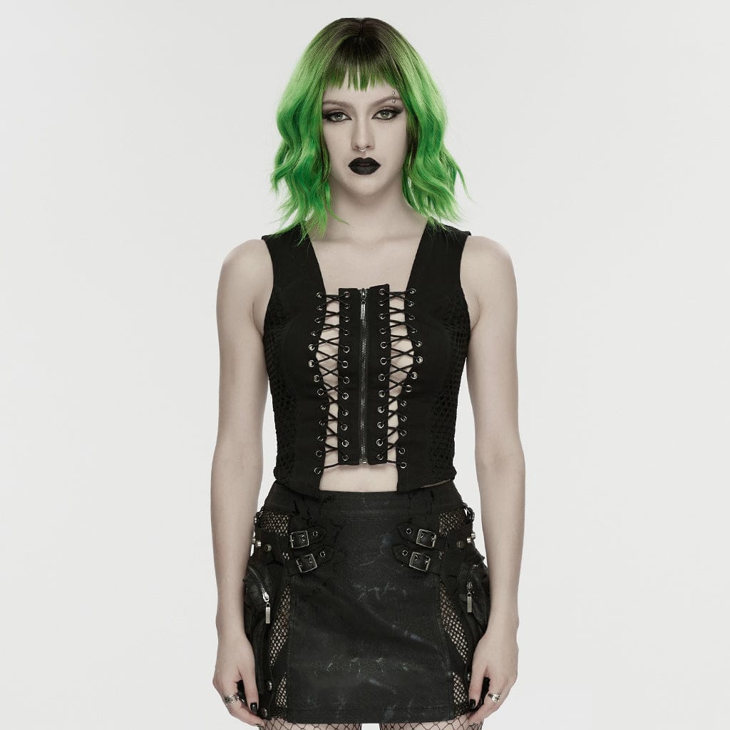 PUNK RAVE Women's Punk Lace-up Hollow Tank Top