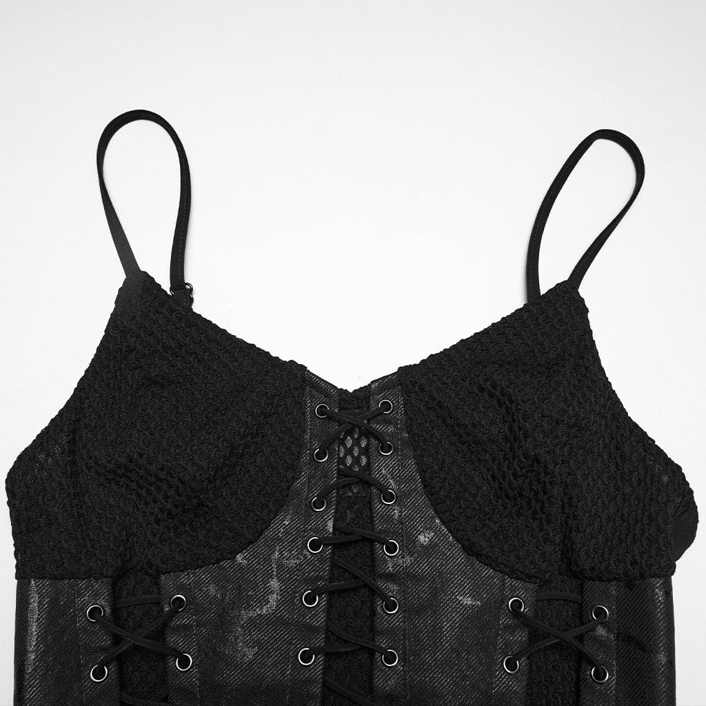 PUNK RAVE Women's Punk Lace-up Mesh Splice Slip Dress