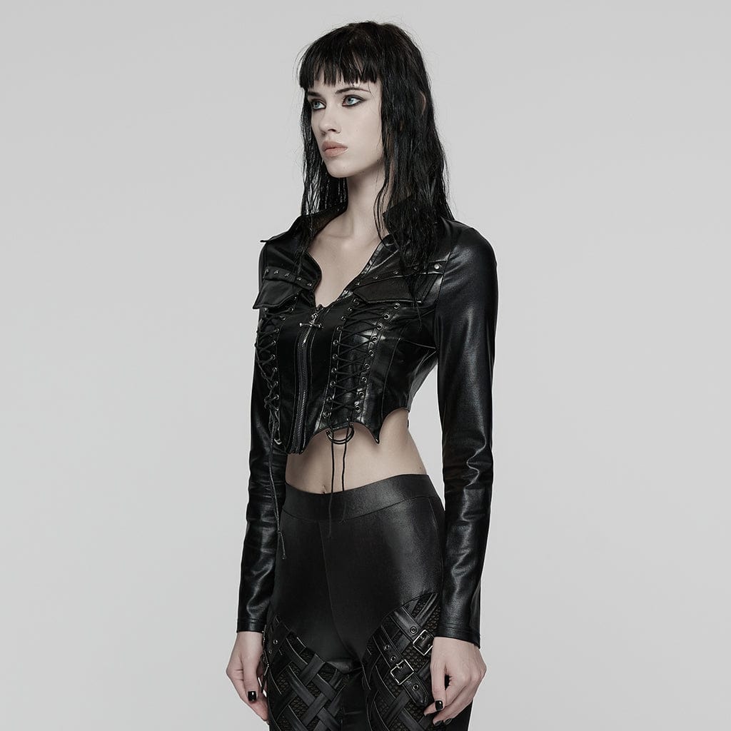 PUNK RAVE Women's Punk Lace-up Turn-down Collar Jacket