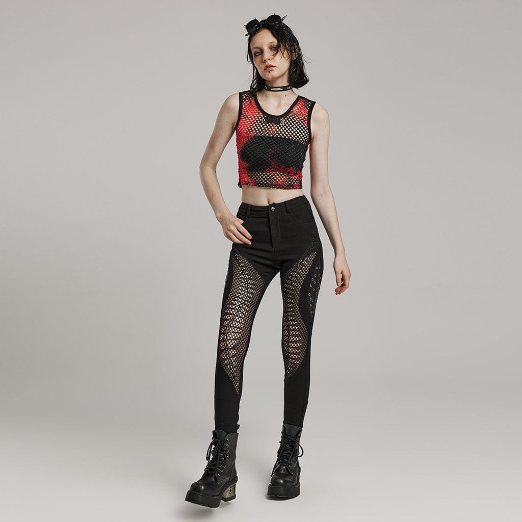 PUNK RAVE Women's Punk Mesh Cutout Eyelet Pants