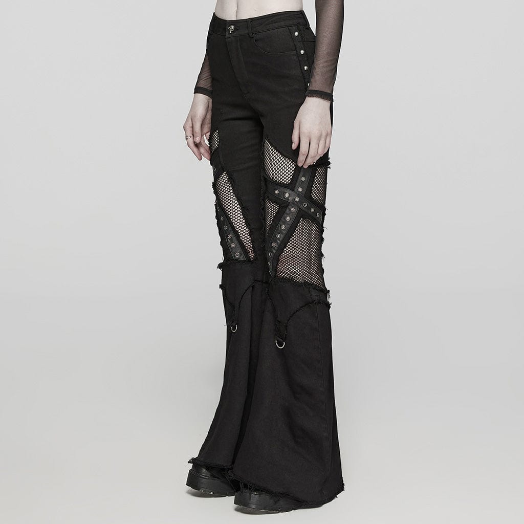 PUNK RAVE Women's Punk Mesh Eyelet Ring Flared Pants
