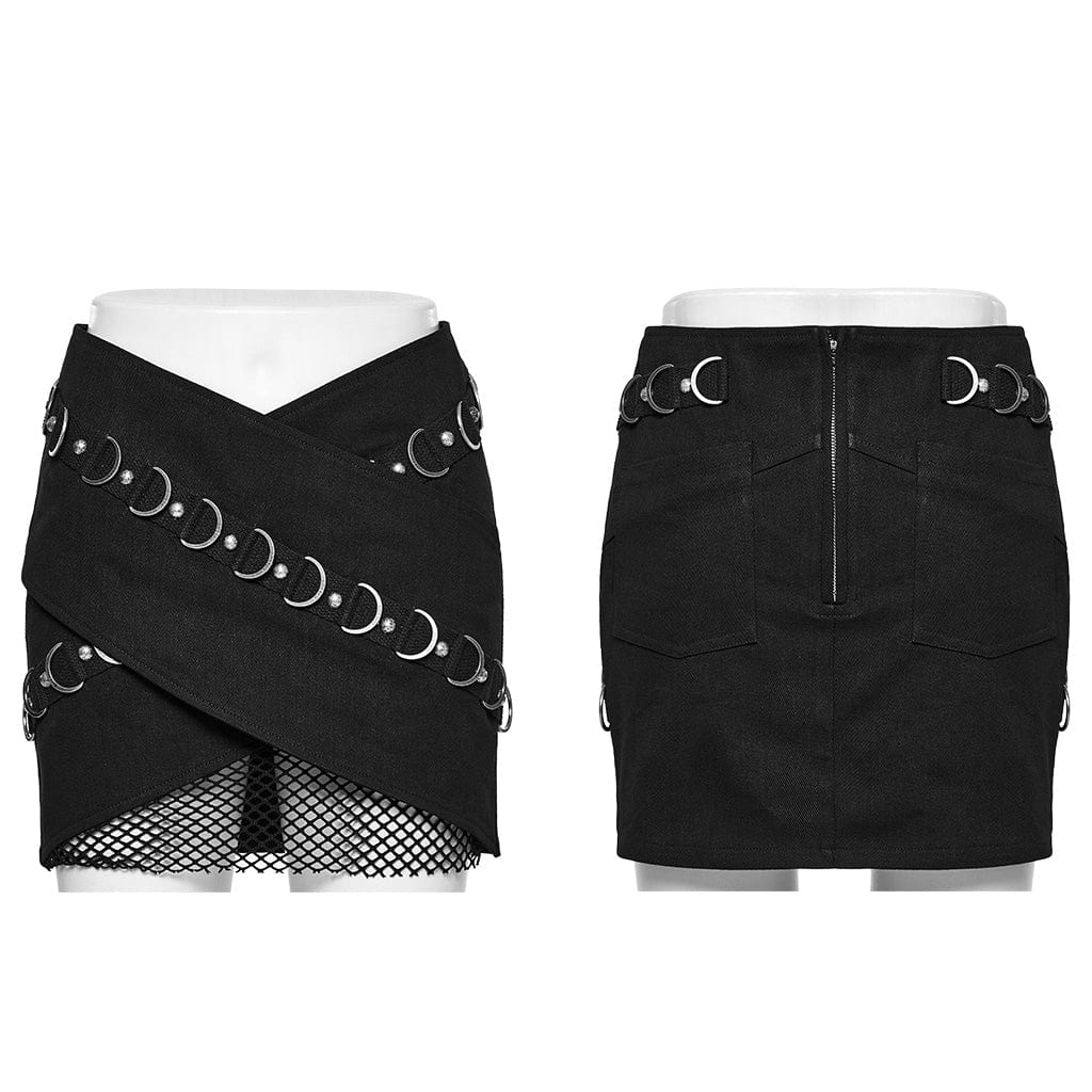 PUNK RAVE Women's Punk Mesh Ring Buckle Overlapping Skirt