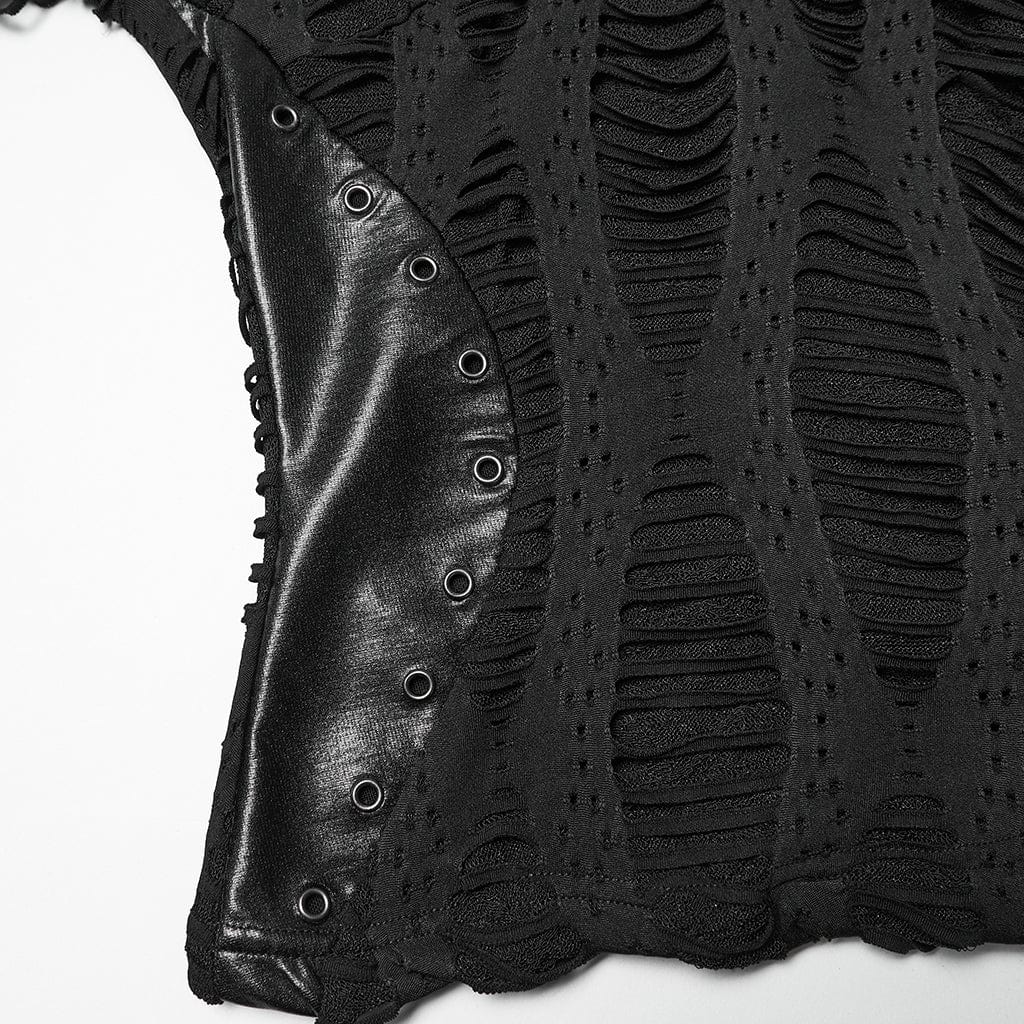 PUNK RAVE Women's Punk Mesh Splice Buckle Strap Top