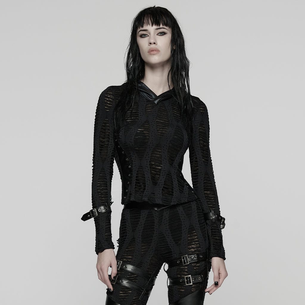 PUNK RAVE Women's Punk Mesh Splice Buckle Strap Top