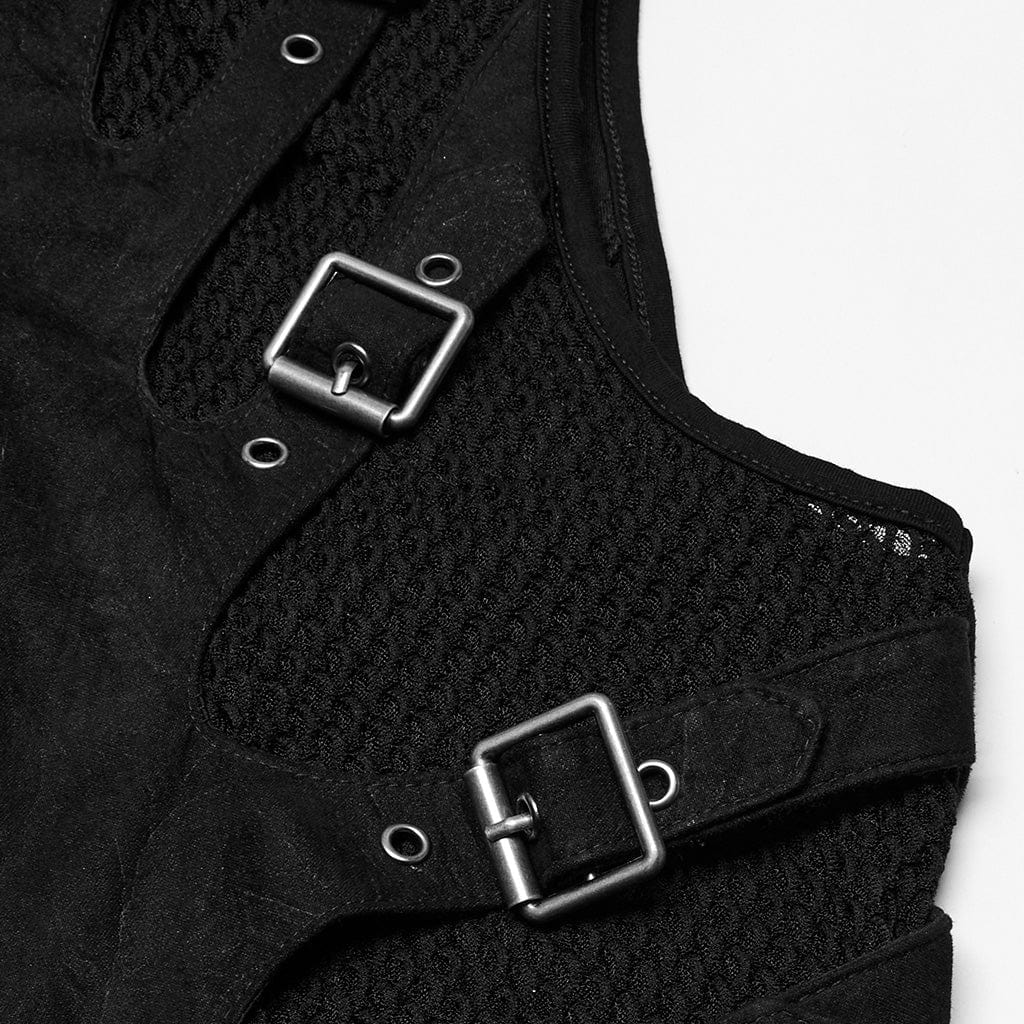 PUNK RAVE Women's Punk Mesh Splice Buckle Waistcoat