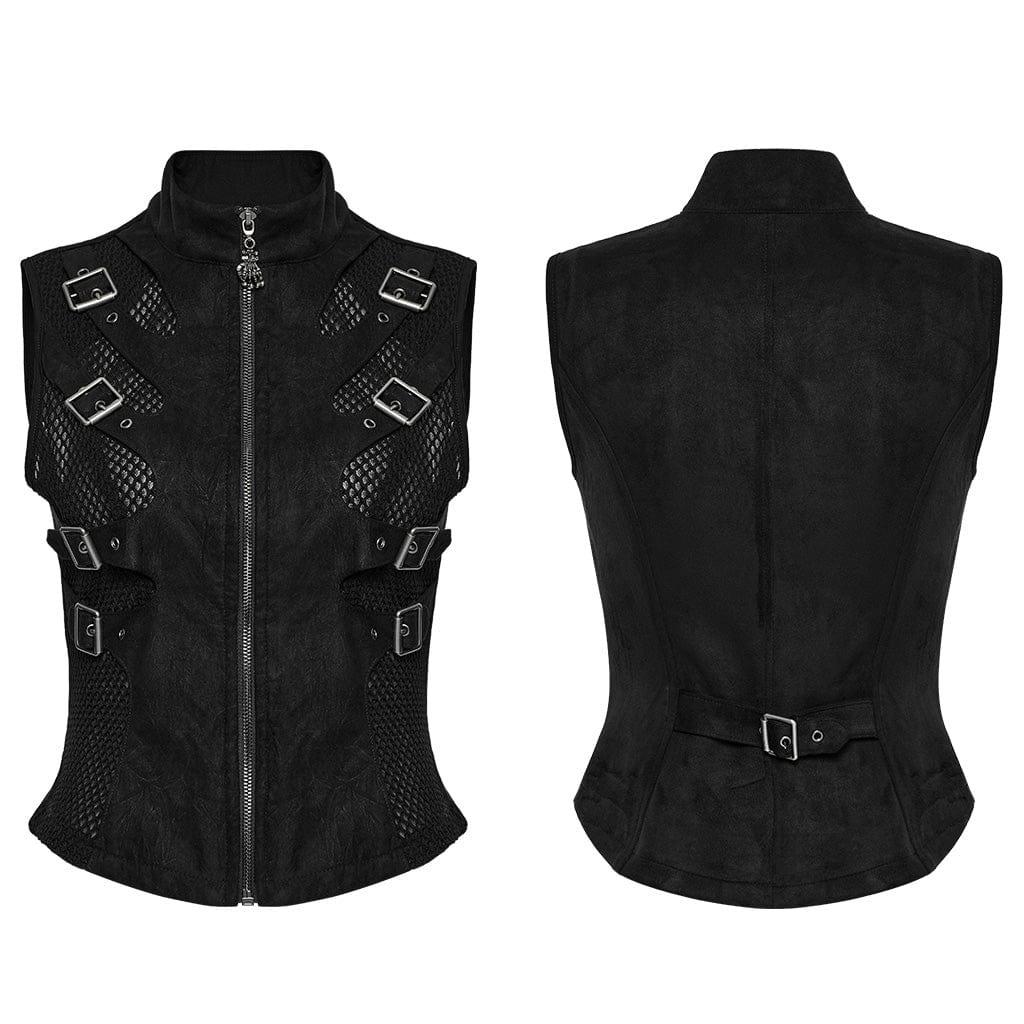 PUNK RAVE Women's Punk Mesh Splice Buckle Waistcoat
