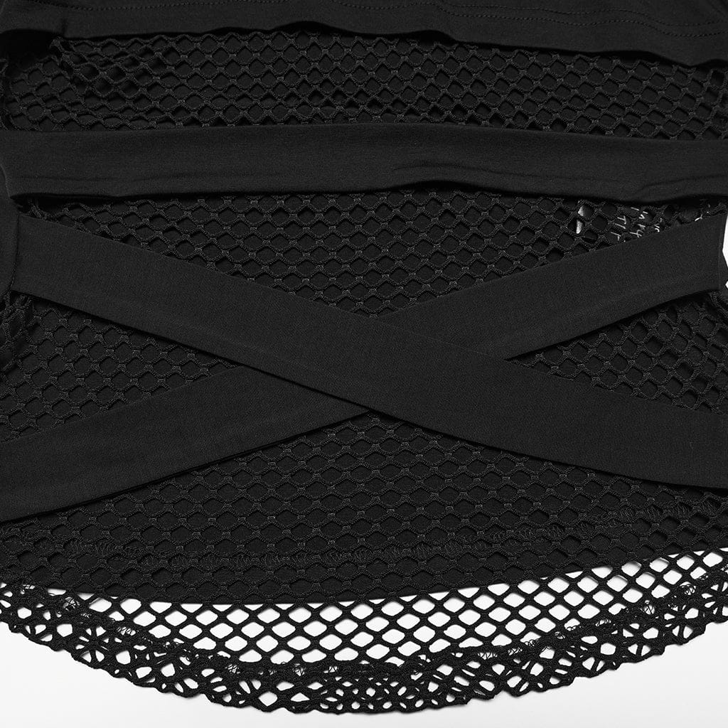 PUNK RAVE Women's Punk Mesh Splice Cutout Hooded Tank Top