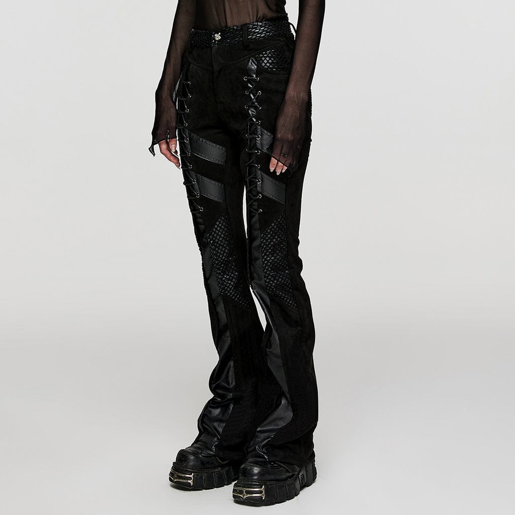 PUNK RAVE Women's Punk Mesh Splice Faux Leather Flared Pants