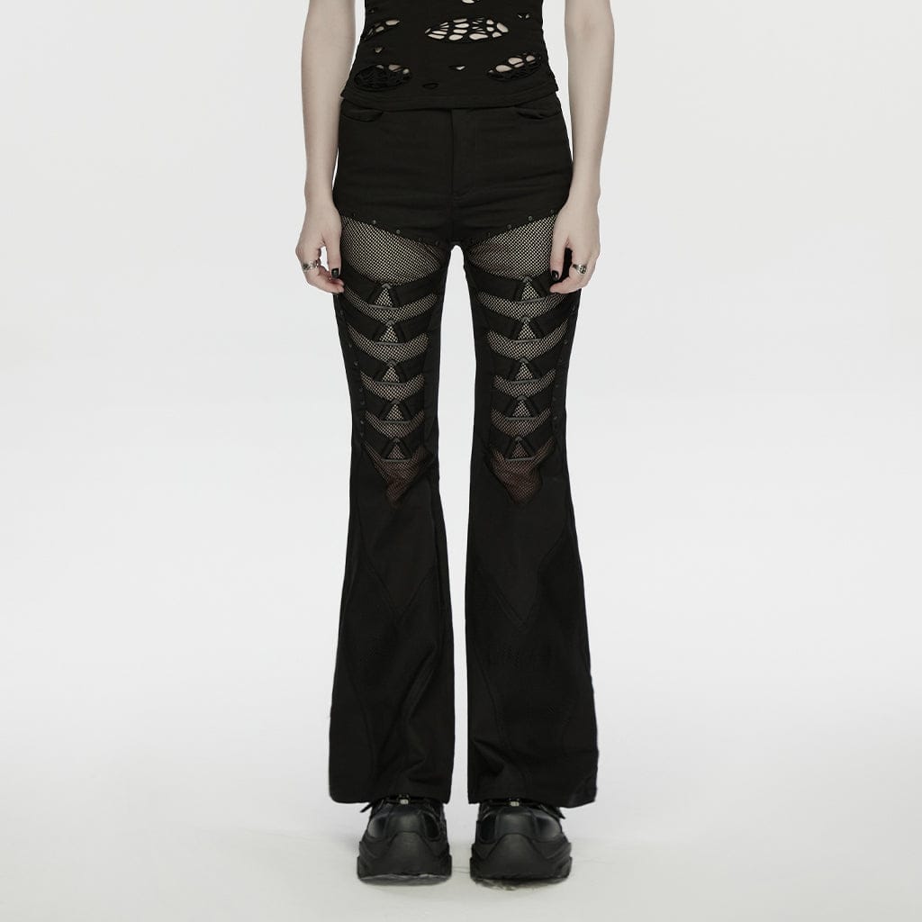 PUNK RAVE Women's Punk Mesh Splice Flared Pants