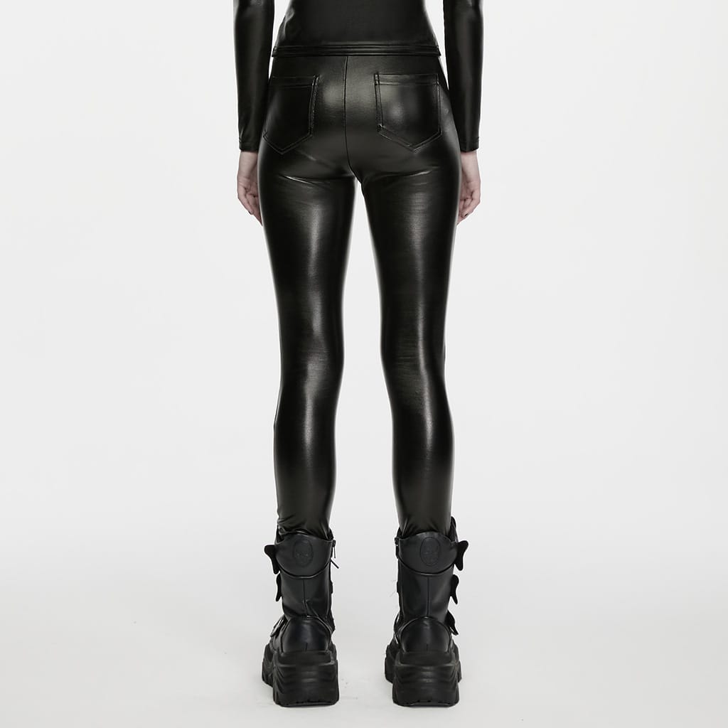 PUNK RAVE Women's Punk Mesh Splice Multi Buckle Strap Leggings