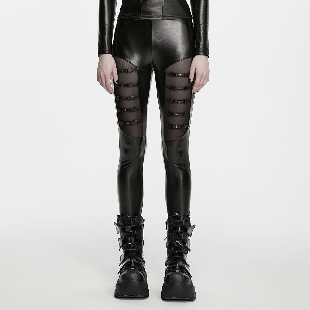 PUNK RAVE Women's Punk Mesh Splice Multi Buckle Strap Leggings