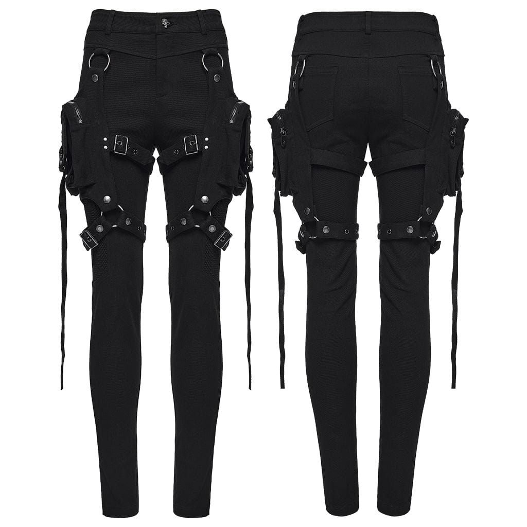 PUNK RAVE Women's Punk Mesh Splice Pants with Detachable Leg Bags